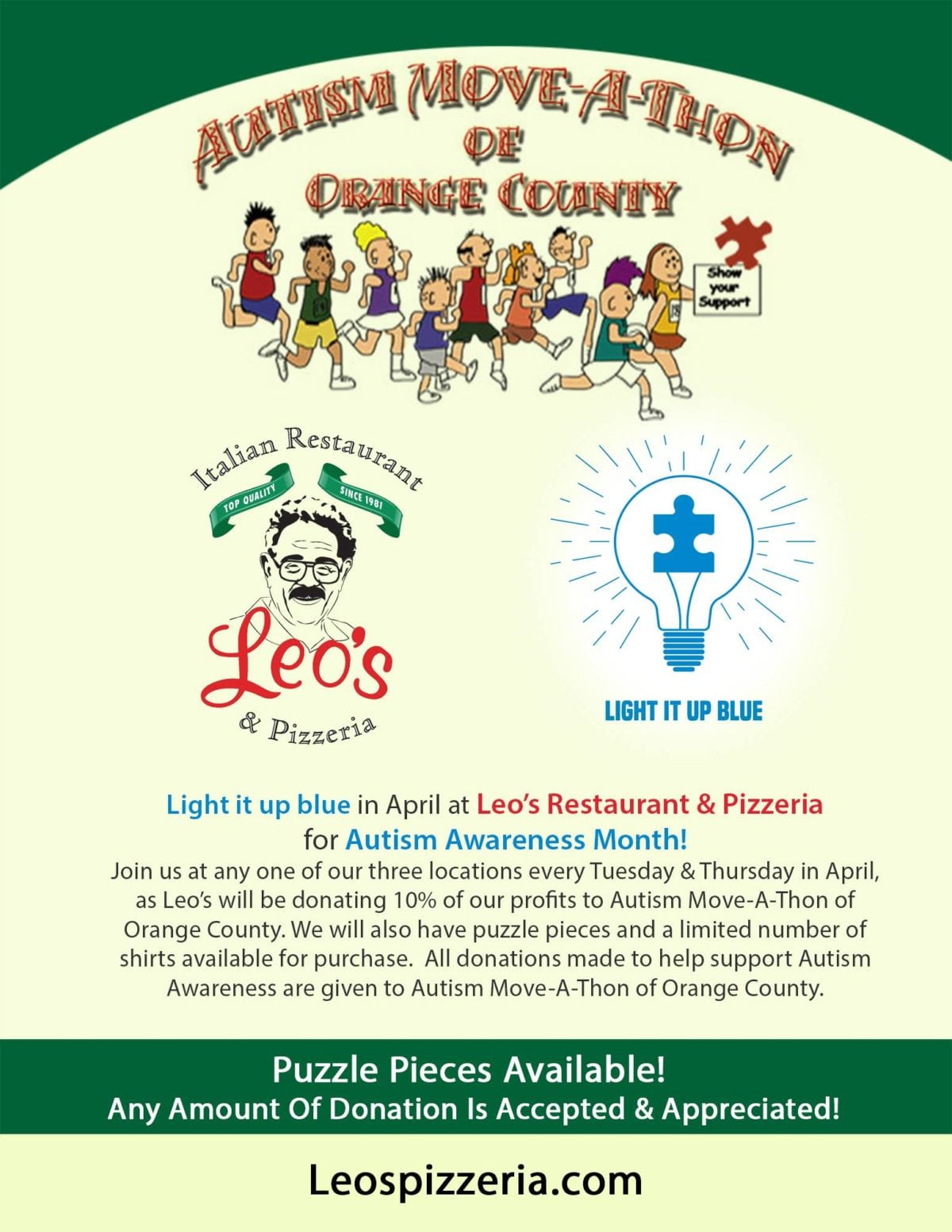 Light It Up Blue In April At Leo’s Italian Restaurant & Pizzeria For Austim Awareness Month